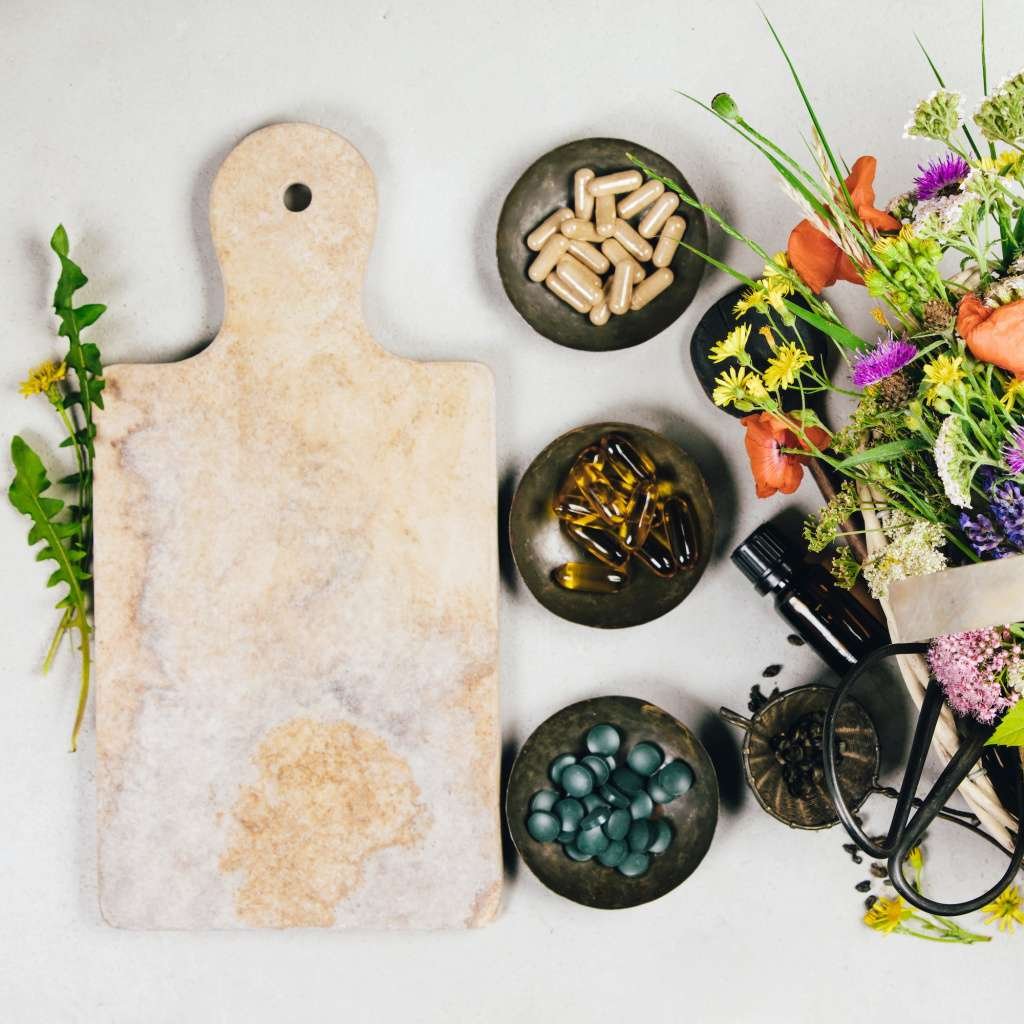 Healthy eating and herbal medicine concept, flat lay, top view